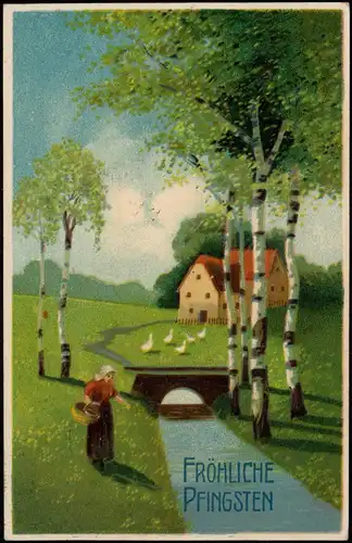 Ansichtskarte  Glückwunsch: Pfingsten Birken Frau und Gänse 1912 Prägekarte