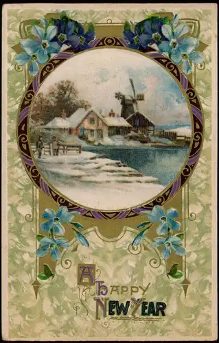 Neujahr Sylvester New Year USA Windmühle 1912 Goldrand/Prägekarte
