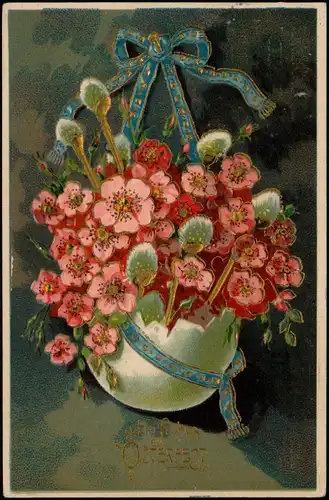 Glückwunsch Ostern Eastern Blumenstraus aus Riesen-Osterei 1910 Prägekarte