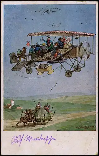 Ansichtskarte  Scherzkarte Feiergesellschaft Doppeldecker O diese Fliege 1918