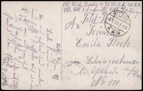 Feldpostkarte Frau und Soldat 1. Weltkrieg 1918  Feldpost gel Stempel BITSCH