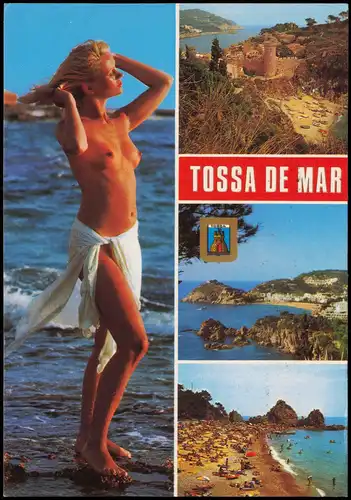 Costa Brava Mehrbildkarte TOSSA DE MAR (Costa Brava) mit nackter Badenixe 1970