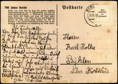 Ansichtskarte Berlin Heraldik Festkarte 700 Jahre 1937
