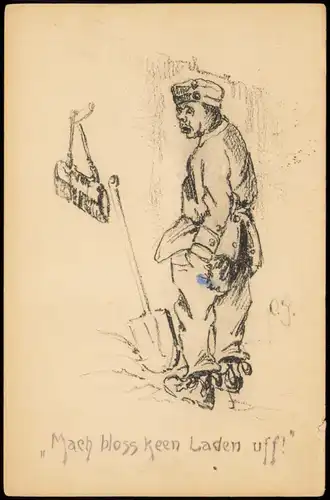 Feldpostkarte 1. Weltkrieg (Zeichnung eines Soldaten) 1917 Feldpoststempel