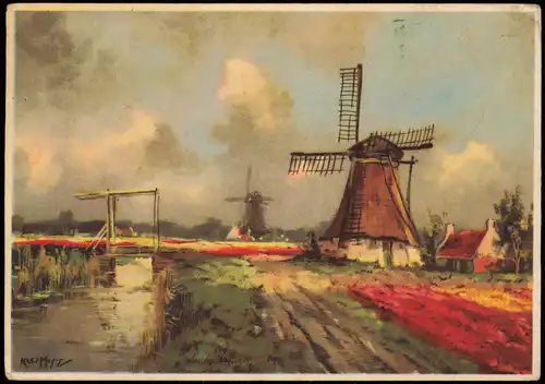 Ansichtskarte  Windmühle Holländische Landschaft (Künstlerkarte) 1956