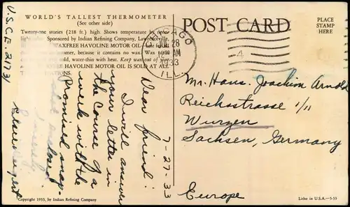 Postcard Chicago WORLD'S TALLEST THERMOMETER 1933