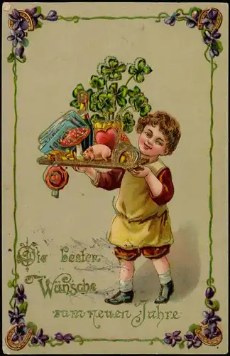 Neujahr Sylvester Junge mit Tablett voller Glücksymbole 1912 Goldrand