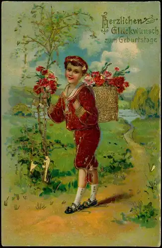 Glückwunsch Geburtstag Birthday Junge mit Rosen 1915  gel. Bahnpoststempel