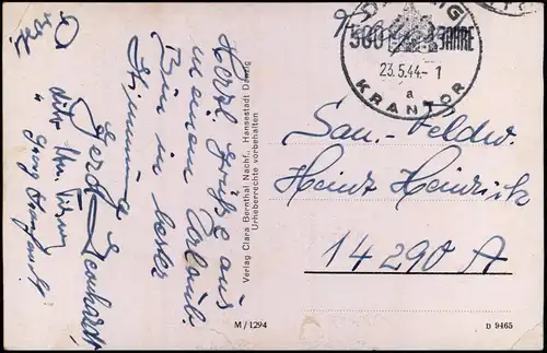 Postcard Danzig Gdańsk Krantor/Krahntor 1944  gel. Sonderstempel Feldpost WK2