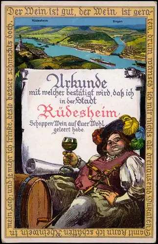 Ansichtskarte Rüdesheim (Rhein) Stadt Urkunde Wein trinkender Mann 1924