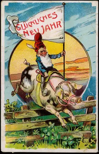 Ansichtskarte  Neujahr Sylvester New Year Zwerg reitet auf Schwein 1913