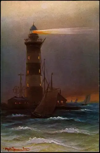 Friedrichsort-Kiel Leuchtturm bei Nacht Segelboot Künstlerkarte 1915