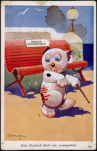 Ansichtskarte  Scherzkarte Hund frisch gestrichene Bank 1912