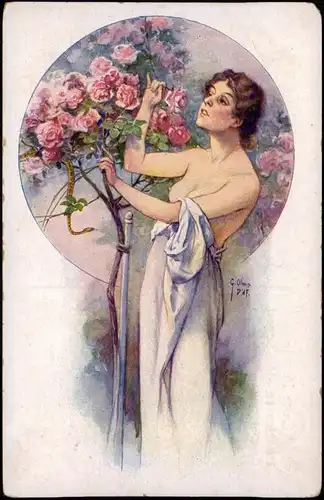 Ansichtskarte  Erotik (Nackt - Nude) Künstlerkarte Frau am Rosenstock 1912
