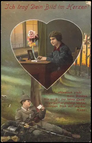 Ansichtskarte  Feldpostkarte 1. Weltkrieg (Soldat, Herz, Frau) 1915   Feldpost gelaufen