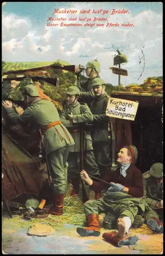 Ansichtskarte  Feldpostkarte 1. WK Musketier sind lust' ge Brüder 1915   Feldpost gelaufen (Feldpoststempel)