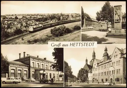 Hettstedt (Südharz) DDR Mehrbildkarte  Markt, Bahnhof, Rathaus und Kirche 1973