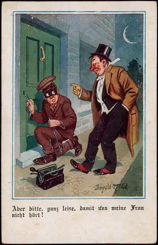 Ansichtskarte  Scherzkarte Einbrecher öffnet betrunkenen die Tier 1915