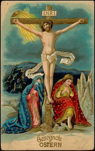 Ansichtskarte  Ostern / Eastern Jesus am Kreuz weinende Frauen 1911 Goldrand