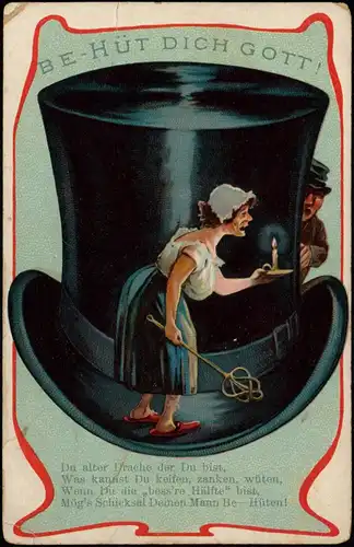 Scherzkarte Frau wartet auf Mann großer Zylinder Behüt dich Gott 1915