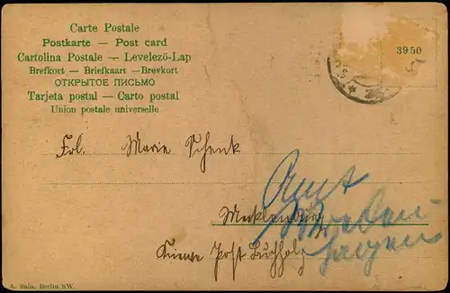 Scherzkarte Frau wartet auf Mann großer Zylinder Behüt dich Gott 1915