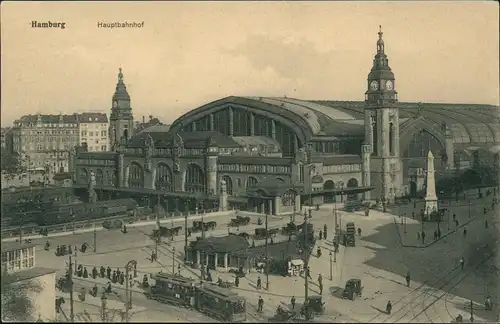 Ansichtskarte Hamburg Hauptbahnhof, Vorplatz mit Tram, Autos uvm. 1910