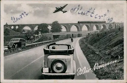 Verkehr KFZ Autobahn mit Auto, Eisenbahn-Brücke u. Flugzeug 1943