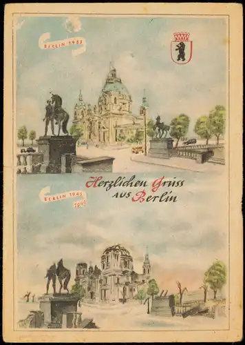Ansichtskarte Berlin künstlerische Darstellungen Vor- und Nach dem Krieg 1946