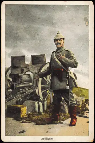 Ansichtskarte  Feldpostkarte 1. Weltkrieg Soldat mit Geschütz 1917   Feldpost gelaufen (Feldpoststempel)