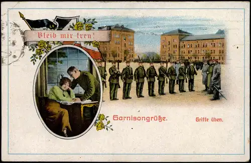 Ansichtskarte  Garnisongrüße. 2 Bild Kaserne, Frau und Soldat 1918