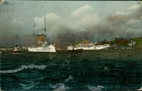 Hamburg Hafenstudie, Kriegsschiffe - Stimmungsbild 1913 Silber Luna