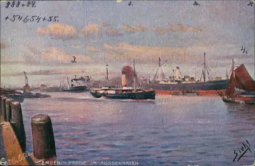 Ansichtskarte Emden Außenhafen Dampfer - Künstlerkarte 1909