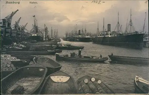 Ansichtskarte Hamburg Hafen Kran Dampfer Steamer Schleppschiff August 1905