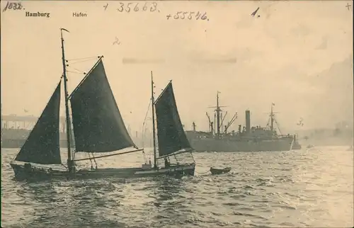 Ansichtskarte Hamburg Hafen Dampfer und Segelboot 1913