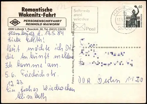 Lübeck Romantische Wakenitz-Fahrt PERSONENSCHIFFAHRT REINHOLD MAIWORM 1989