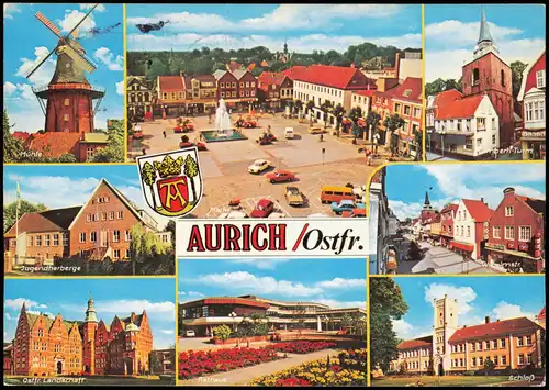 Aurich-Leer (Ostfriesland) Mehrbild-AK u.a. Mühle Jugendherberge Rathaus 1981