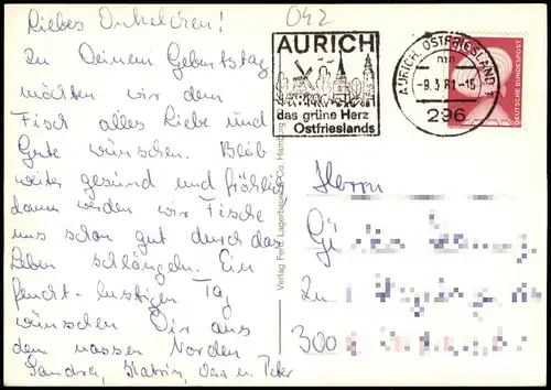 Aurich-Leer (Ostfriesland) Mehrbild-AK u.a. Mühle Jugendherberge Rathaus 1981