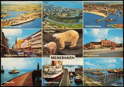 Bremerhaven u.a. Luftaufnahmen, Straßen, Hafen, Bahnhof, Tiergrotte Eisbär 1973