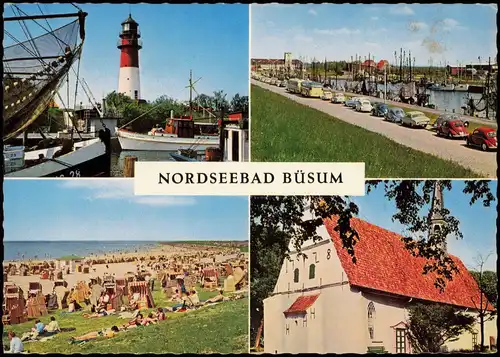 Büsum Mehrbild-AK mit Leuchtturm St. Clemens-Kirche Kutterhafen Strand 1970