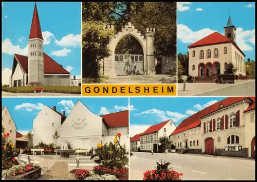 Ansichtskarte Gondelsheim Mehrbildkarte mit Ortsansichten, u.a. Kirche 1965