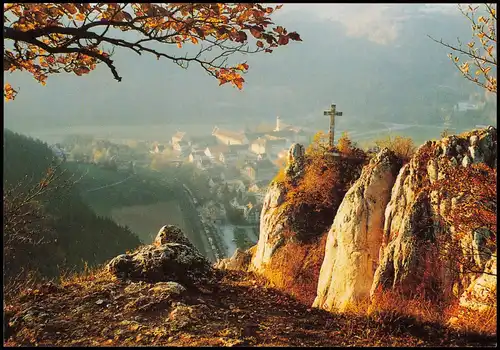 Beuron Petersfelsen mit Blick auf die Benediktiner-Erzabtei St. Martin 1990