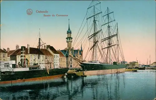 Postkaart Ostende Oostende Bassin du Commerce, Segelboot 1916
