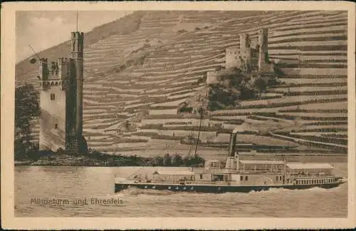 Ansichtskarte Bingen am Rhein Binger Mäuseturm Dampfer Rheinschiff 1920