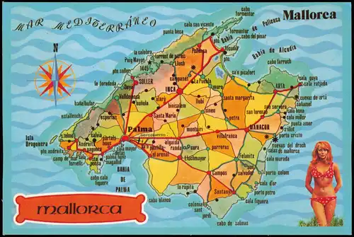 Postales Mallorca Mallorca (Balearen Insel) Landkarte Map 1980