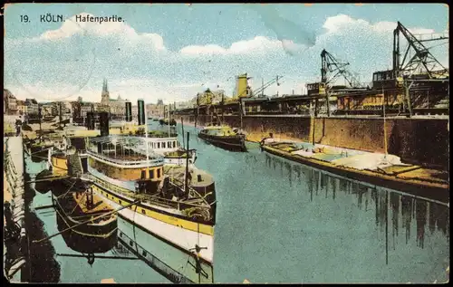 Ansichtskarte Köln Hafen, Dampfer - Kräne 1913