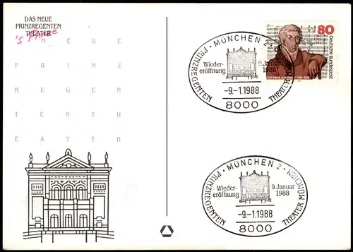 Ansichtskarte München Prinzregententheater 1988  Sonderstempel WIEDERERÖFFNUNG