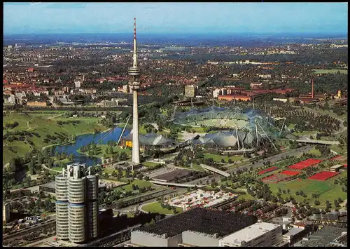 München Luftbild Panorama Olympiagelände mit BMW-Hochhaus, Olympiaturm 1980
