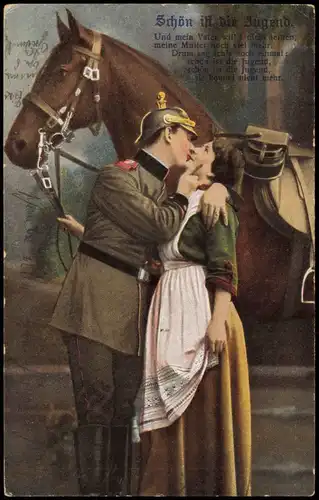 Soldatenleben "Schön ist die Jugend" Soldat küsst Frau 1. Weltkrieg 1917