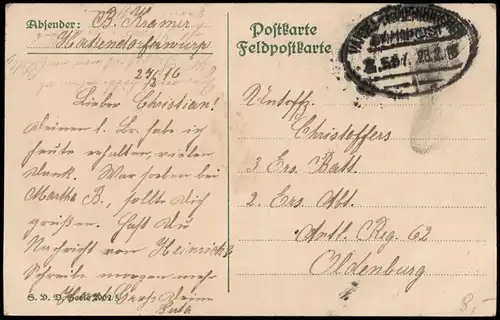 Ansichtskarte  Feldpostkarte 1. Weltkrieg 1916   gelaufen als Feld-/Bahnpost