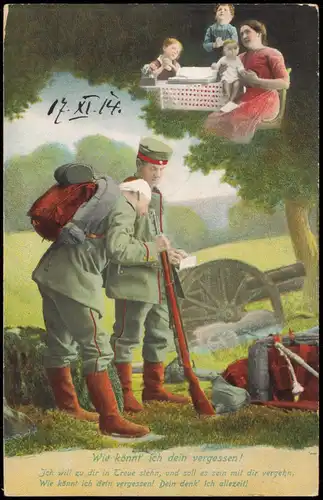 Ansichtskarte 1. WK (Soldaten Gedenken an Familie) 1914  Feldpoststempel